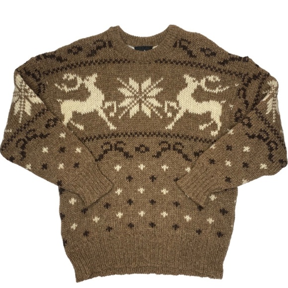 Vintage Other - Vintage Pure New Wool Reindeer Snowflake Brown Sweater Sz M